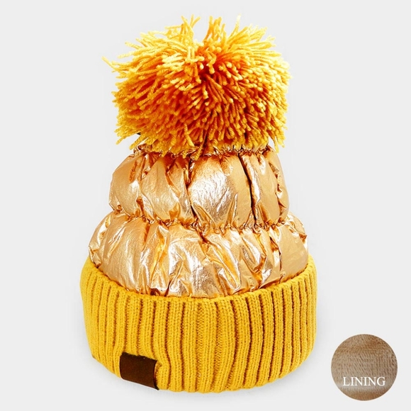 Shiny Gold Fur Pom Pom Style Winter Beanie Hat Fashion Statement Accessories - Picture 1 of 2